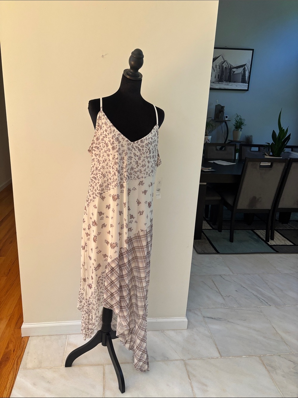 No Boundaries Cream Floral & Plaid Asymmetrical Slip Dress
